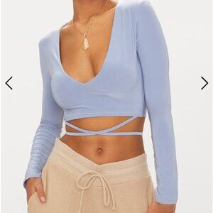 Pretty little thing Powder Blue Slinky Long Sleeve Tie Waist Crop Top